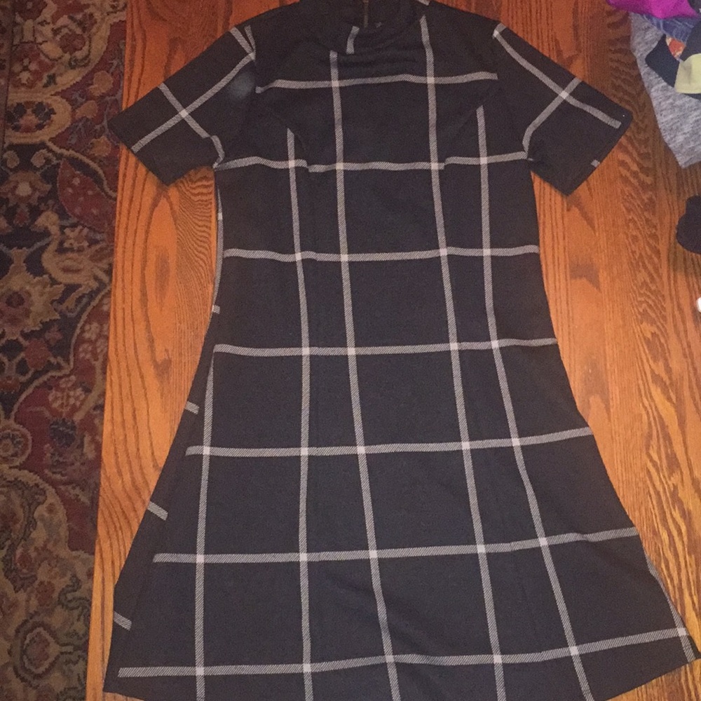 Nordstrom-highneck, structured, plaid, black dress